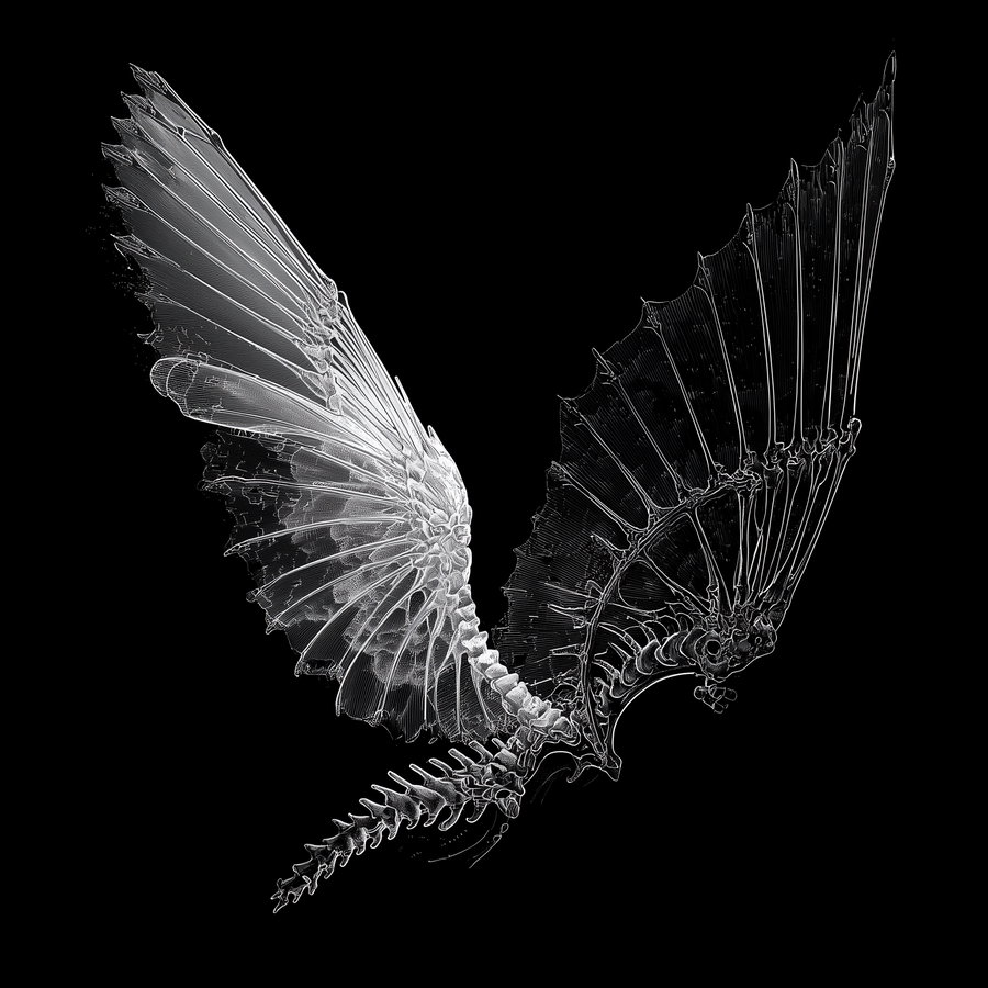 Asymmetrical wings with skeletal bone and membrane details