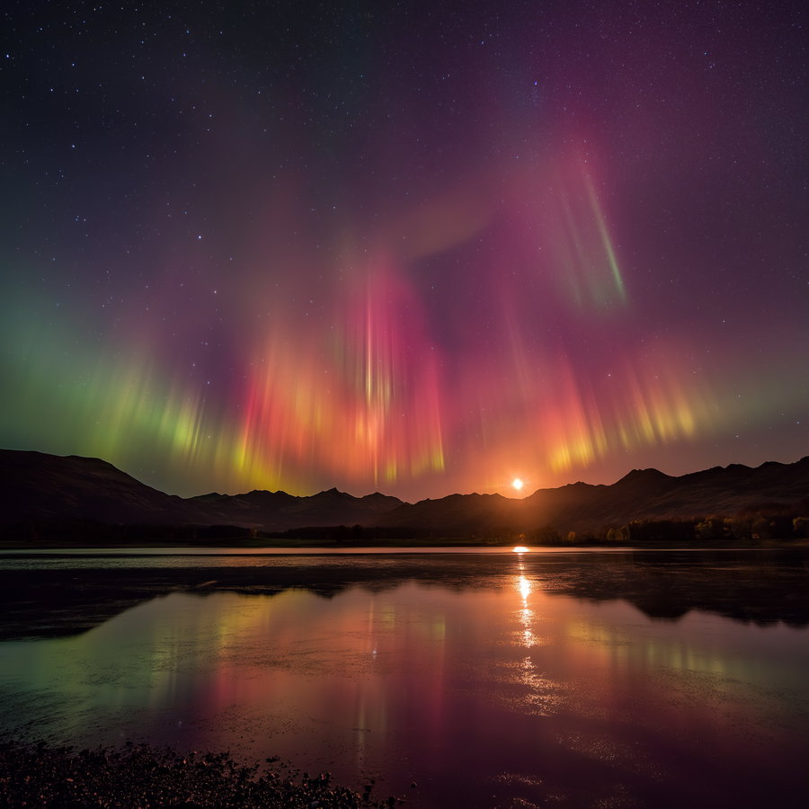 Vibrant aurora in pink and green over starry sky