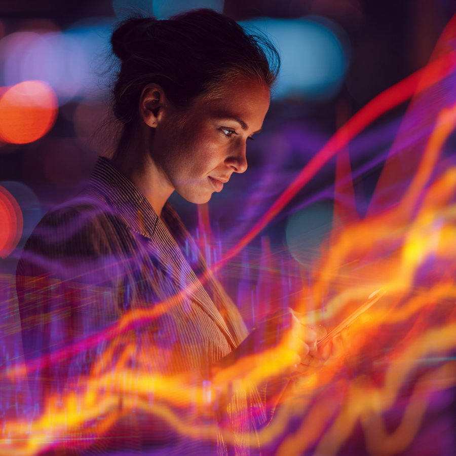 Woman banking on phone with swirling finance data visuals