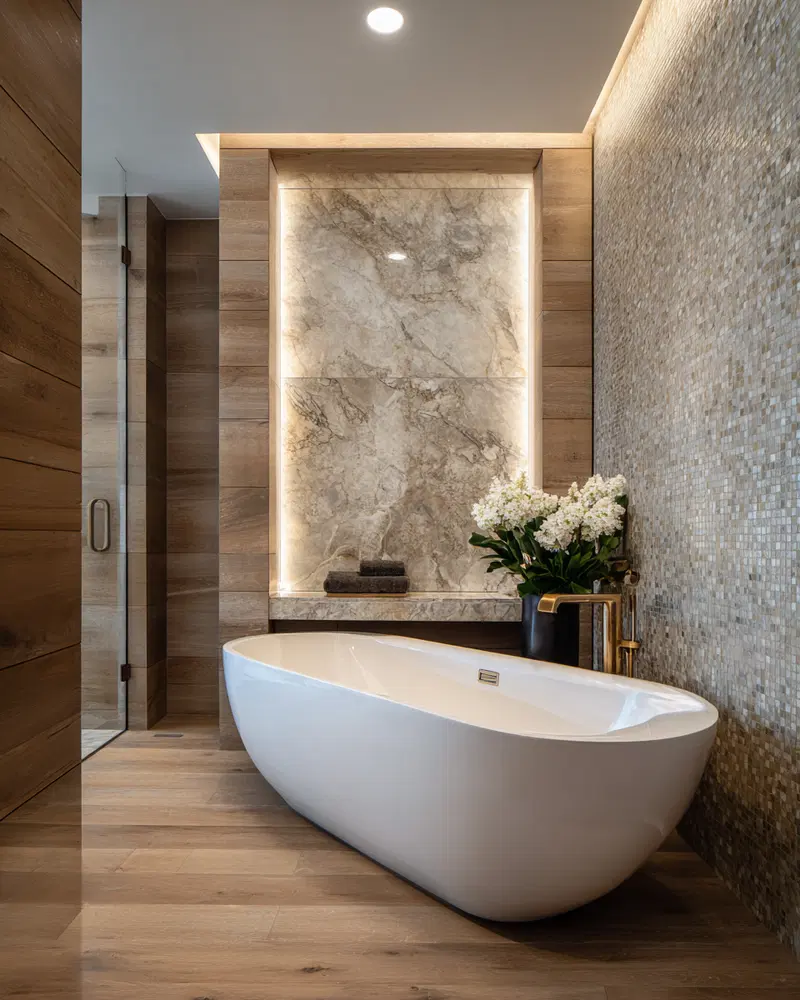 Elegant Modern Bathroom Decor with Marble and Wood Aesthetic