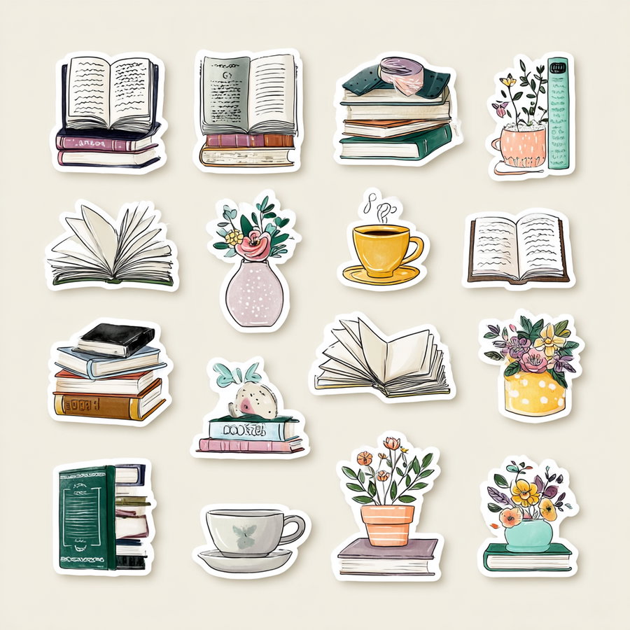 Pastel planner stickers featuring books, coffee, and flowers