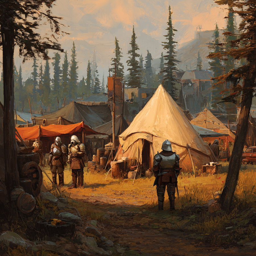 Bounty hunter encampment with tents and weapons in DND style