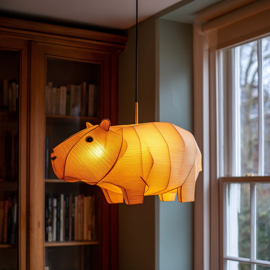 Capybara-shaped paper lampshade glowing from ceiling light