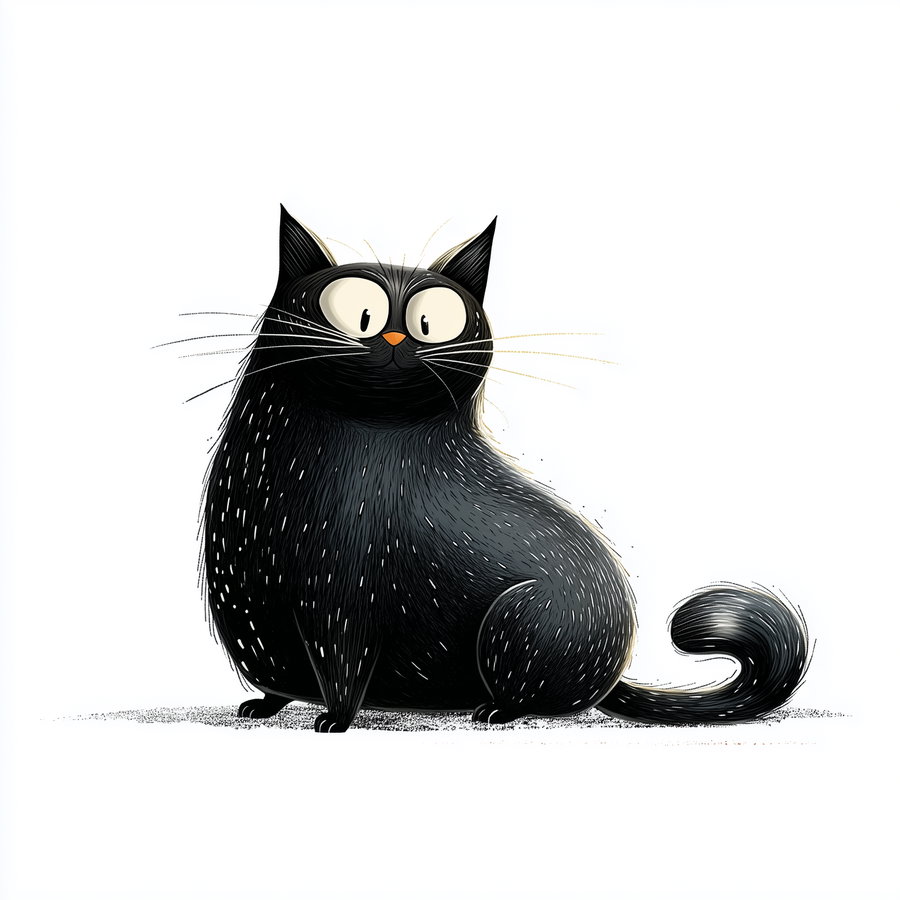 Stylized black cartoon cat with cozy expression and wrapped tail