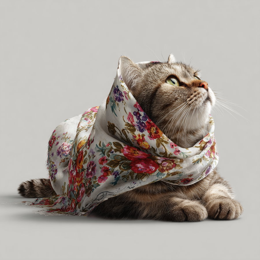 Real cat wearing a spring scarf on plain background
