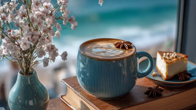 Charming Café Aesthetic Wall Art with Latte and Cherry Blossoms