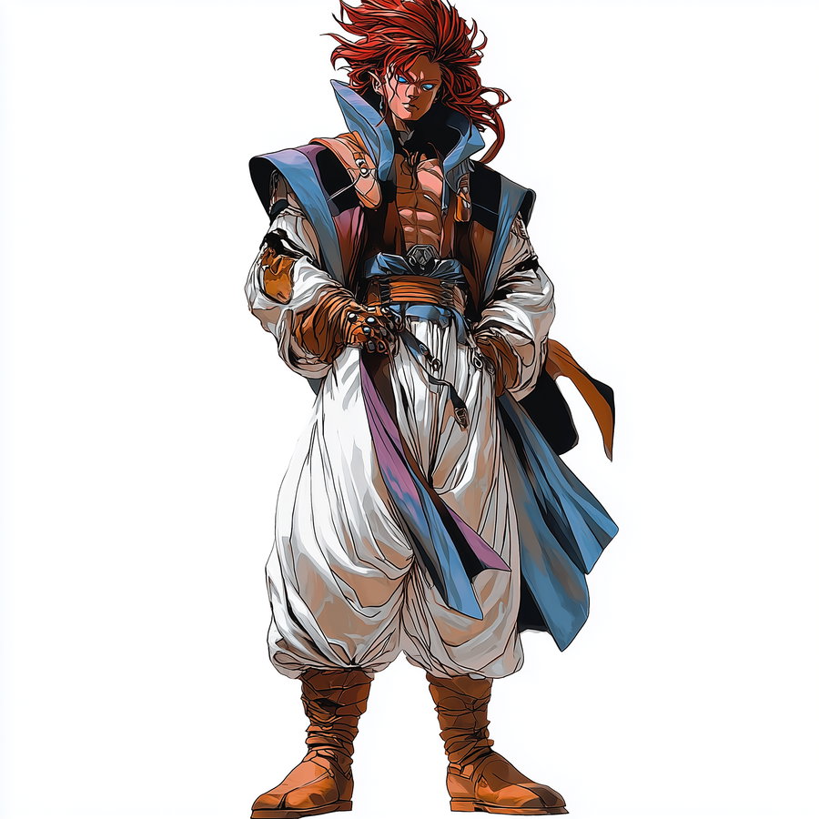 Male character with wild red hair and blue eyes