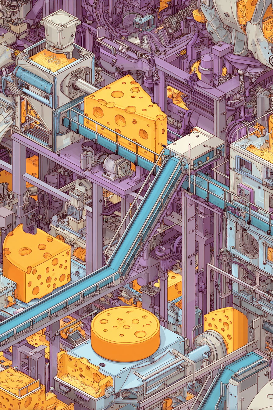 Intricate machinery and cheese shapes in Escher style illustration