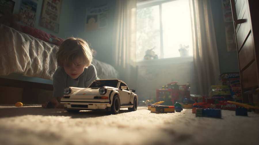 Young boy playing with LEGO Porsche in nostalgic bedroom scene