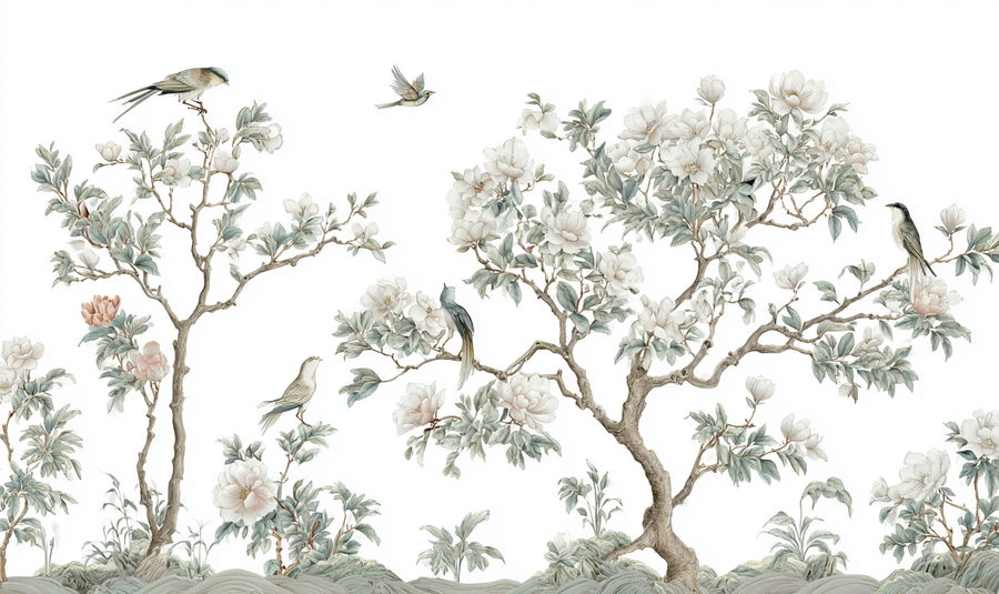 Chinoiserie wallpaper with detailed birds and soft plants