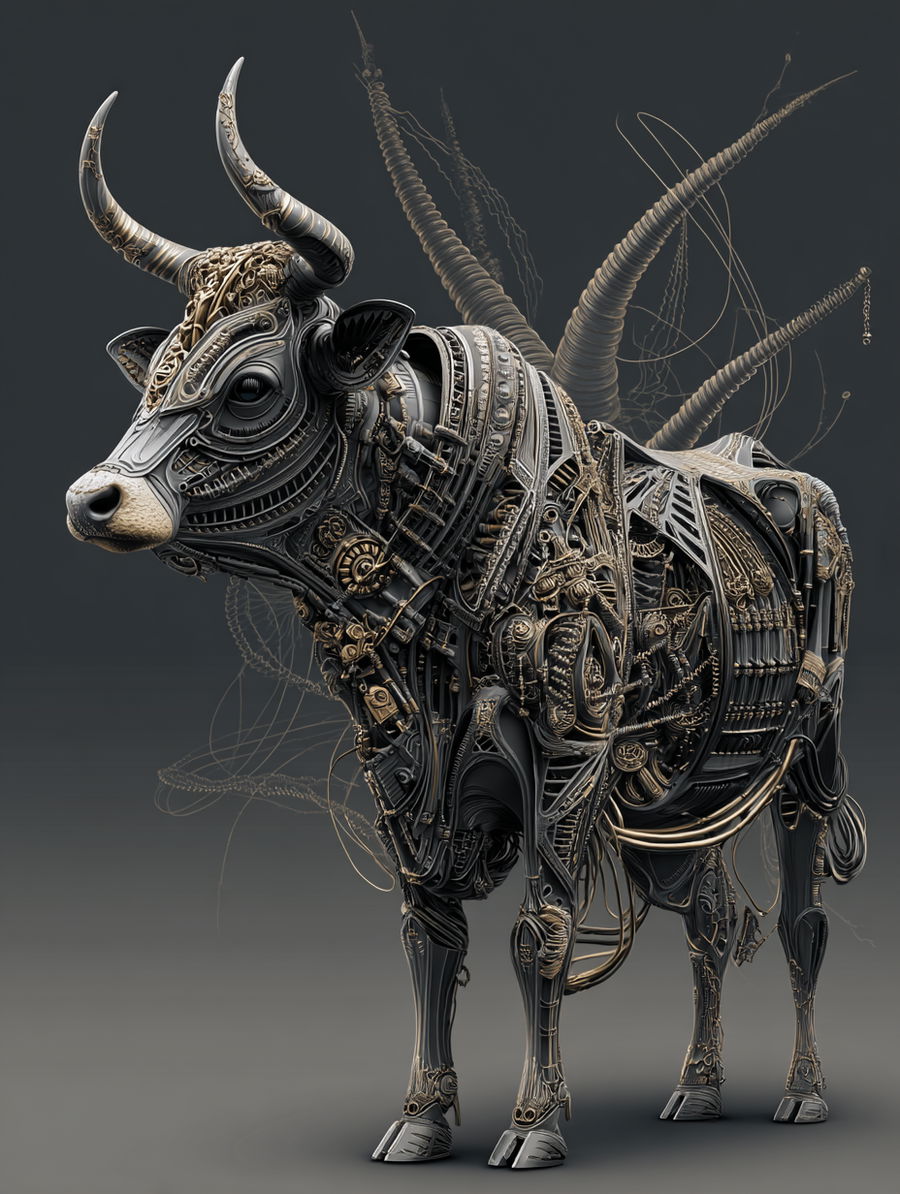 Chitinous cow with intricate armor in lush green pasture