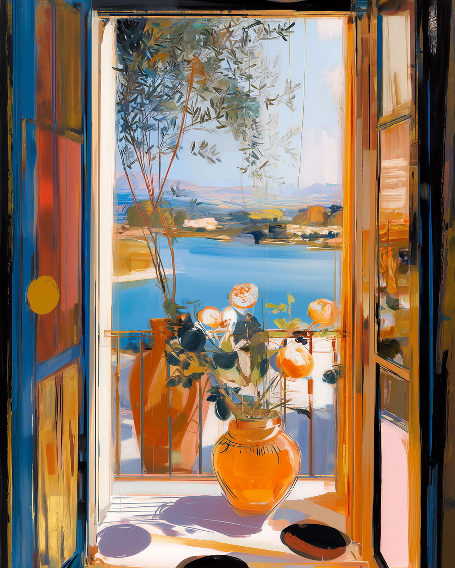 Coastal landscape with vibrant colors and intricate patterns