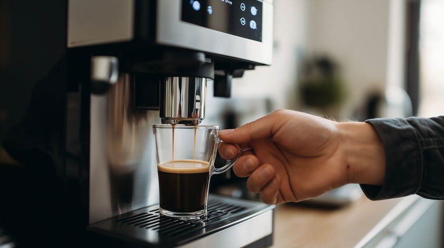 Man's hands brewing coffee with modern machine close-up