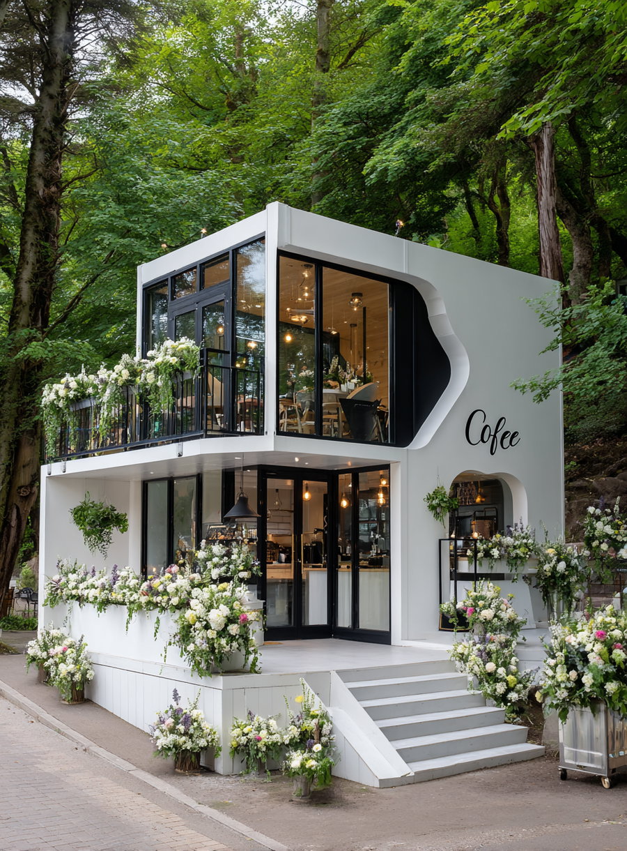 Modern white coffee shop in forest with heart-shaped windows