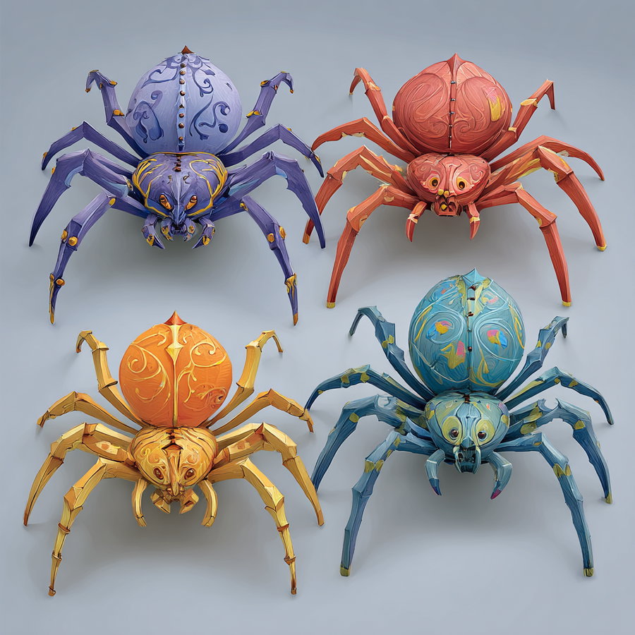 Brightly colored giant spider decorations floating in DnD fantasy scene