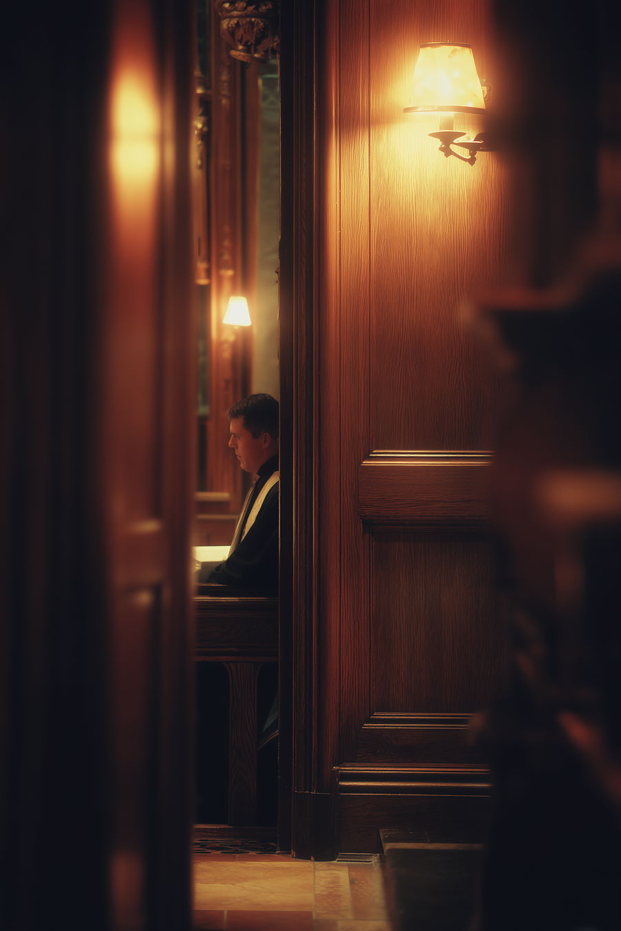 Wooden confessional in church, warm lighting, serene atmosphere