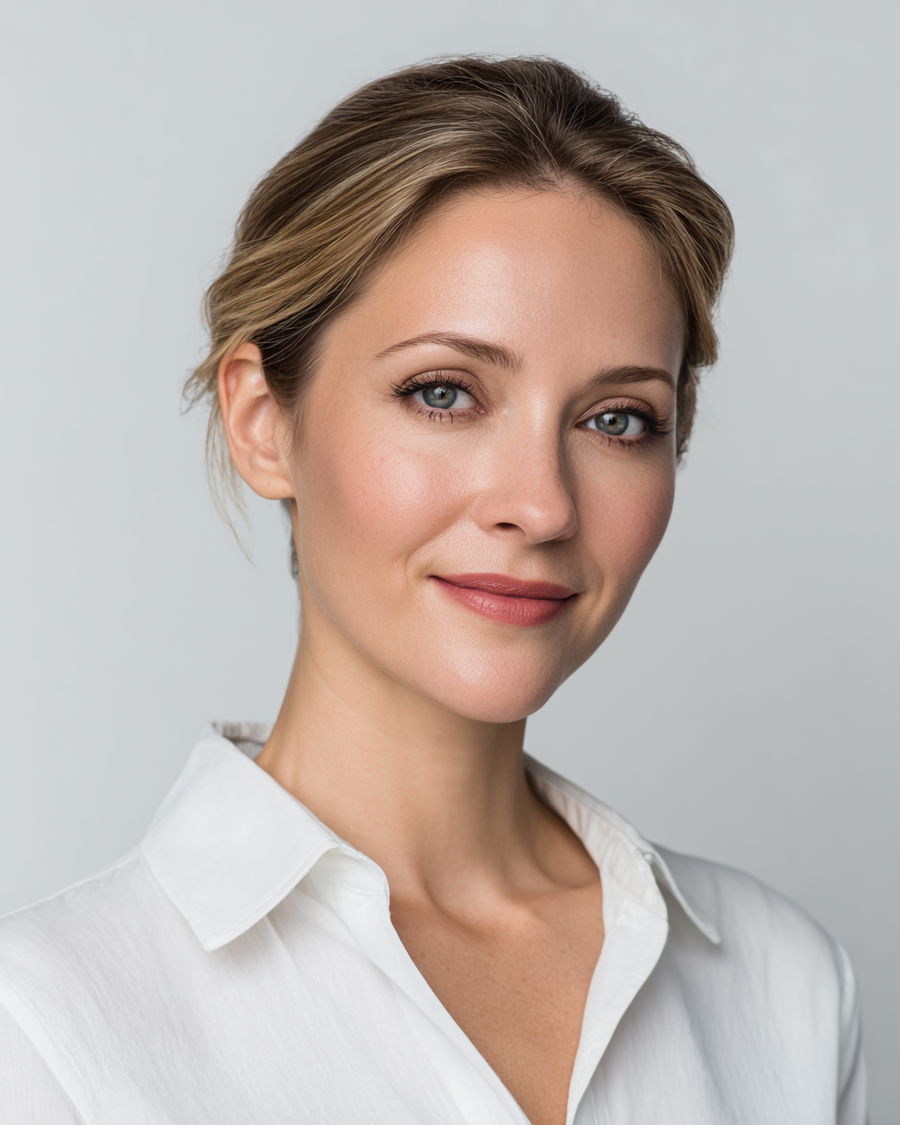 Elegant woman in business casual attire against white background
