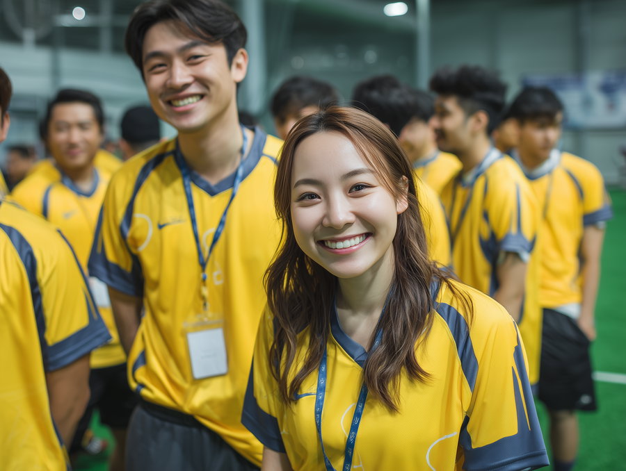 Cheerful corporate employees in matching jerseys at sports day
