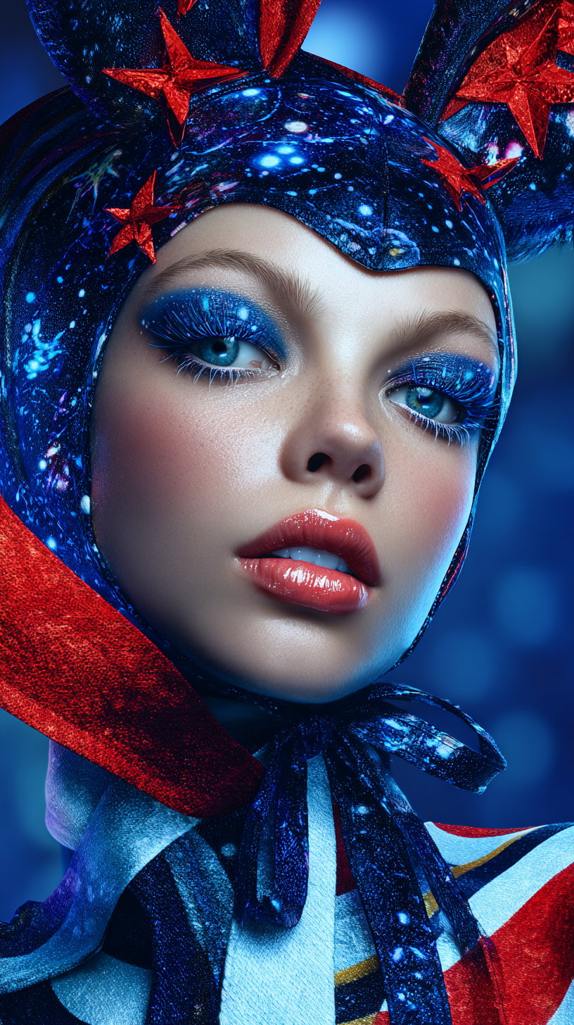 Cosmic huntress with galaxy eyes and nebula antlers in twilight