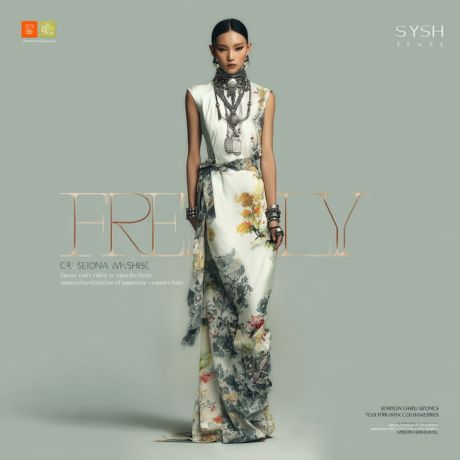 Elegant model in modern gown with ethnic textures and jewelry