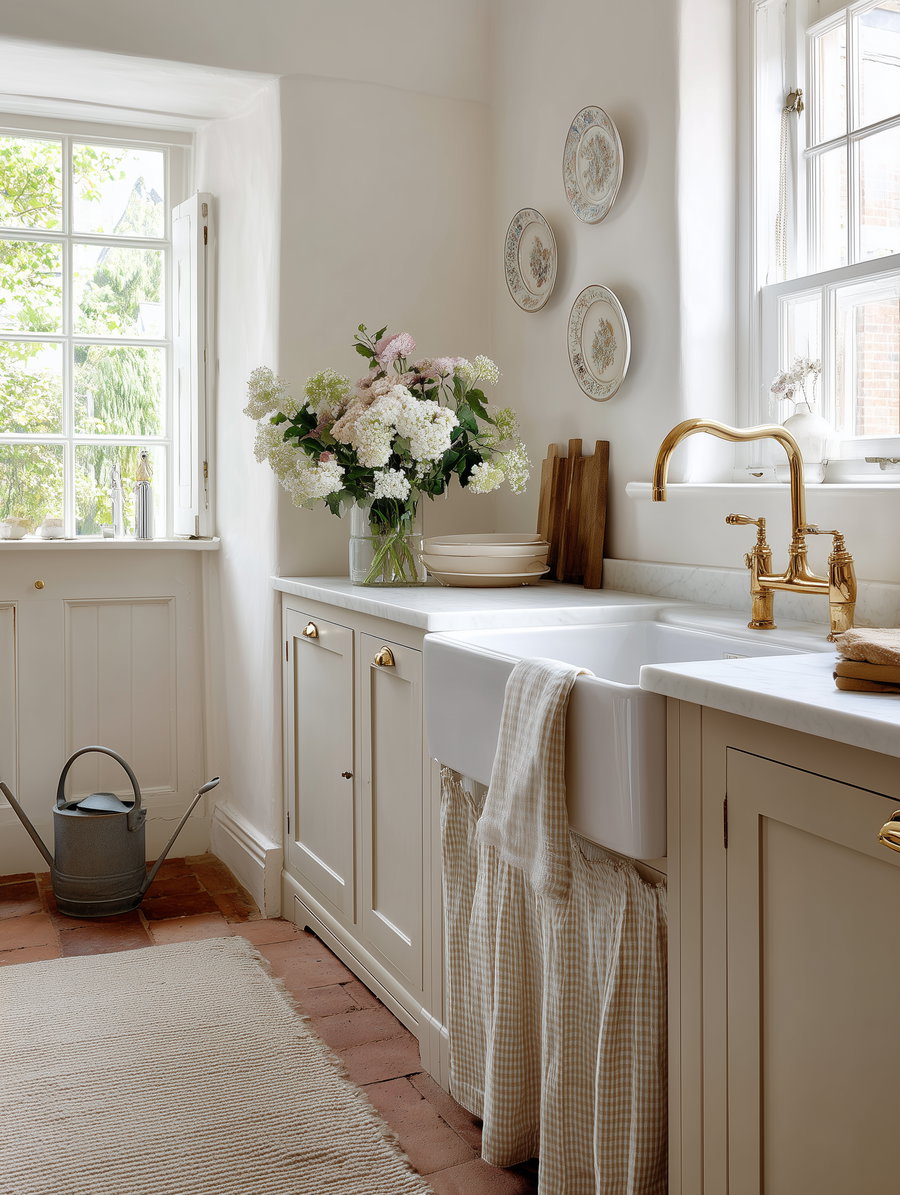 Cozy British kitchen nook with farmhouse sink and natural light