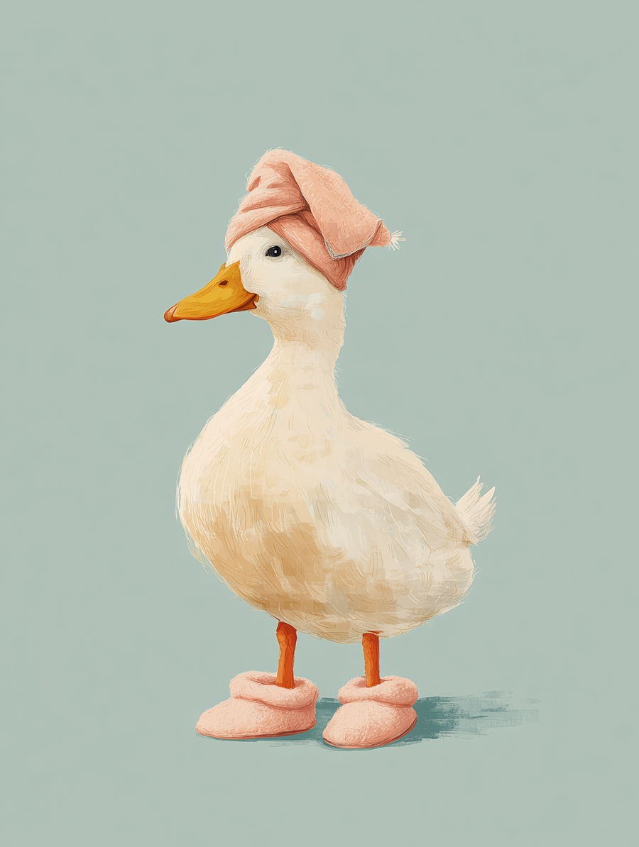 Upright duck in cozy accessories on pastel background