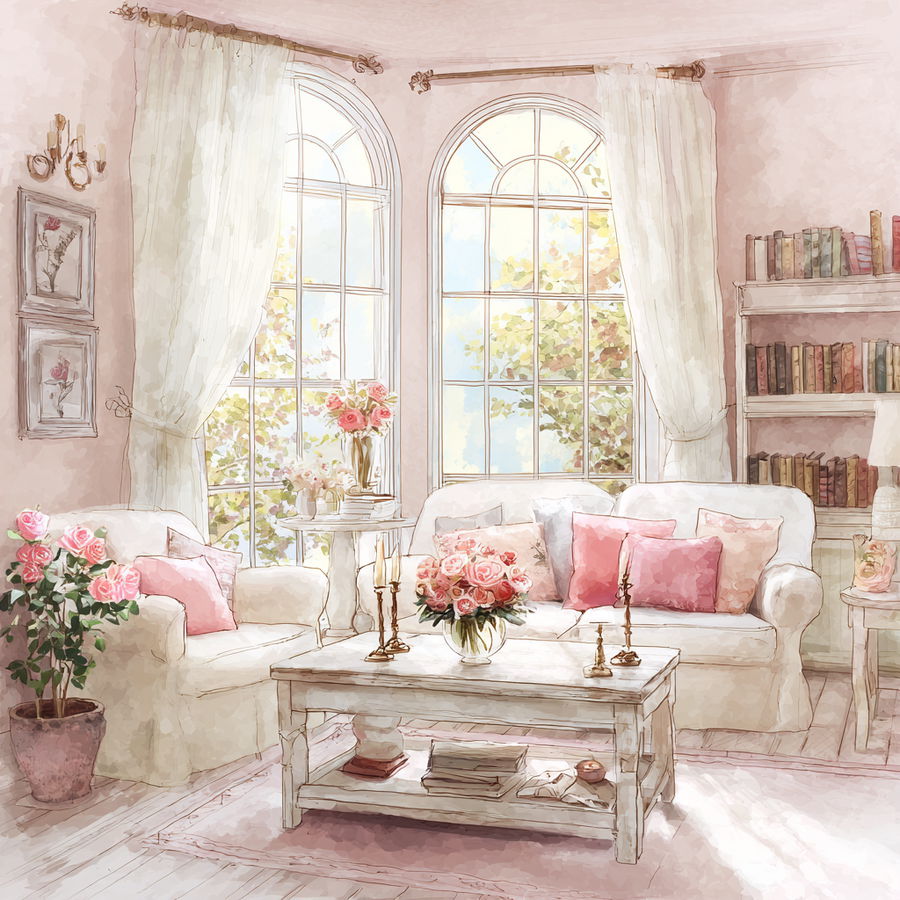 Cozy romantic cottage living room with pastel decor