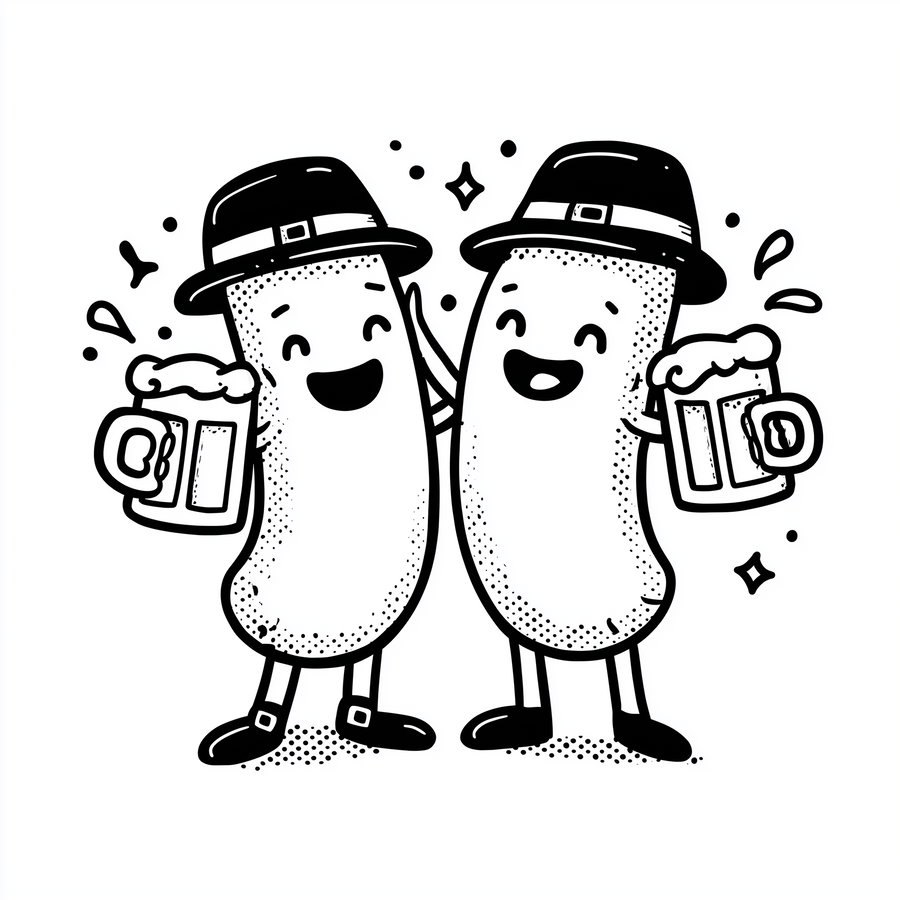 Cute cartoon sausages toasting with beer mugs in German hats