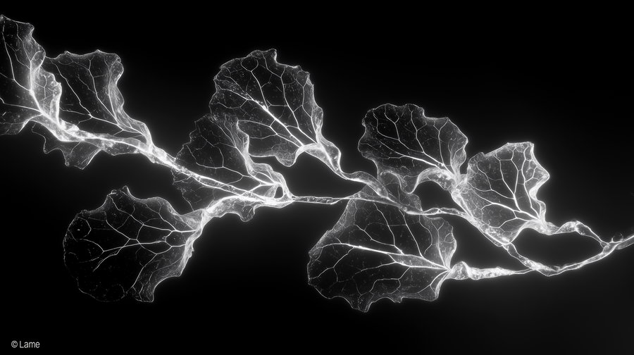 Twisted black tea leaves with glowing silver labyrinth design