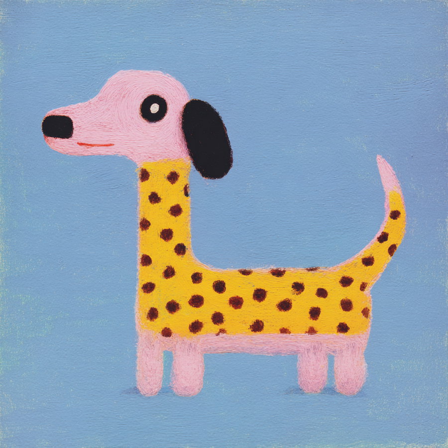 Cute Dachshund with a long giraffe neck in naive art