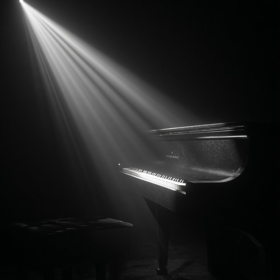 Dark piano illuminated by spotlight in cinematic setting