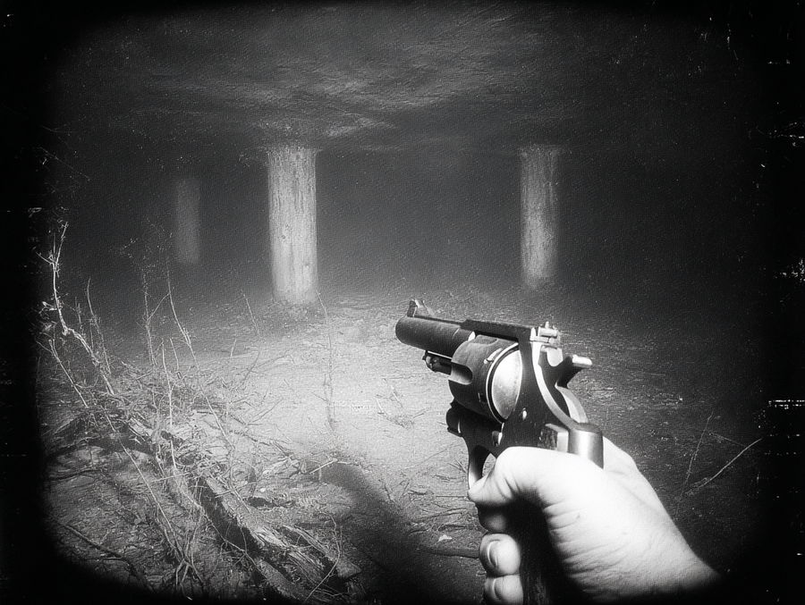 First-person view of a hand holding a rusty revolver in darkness