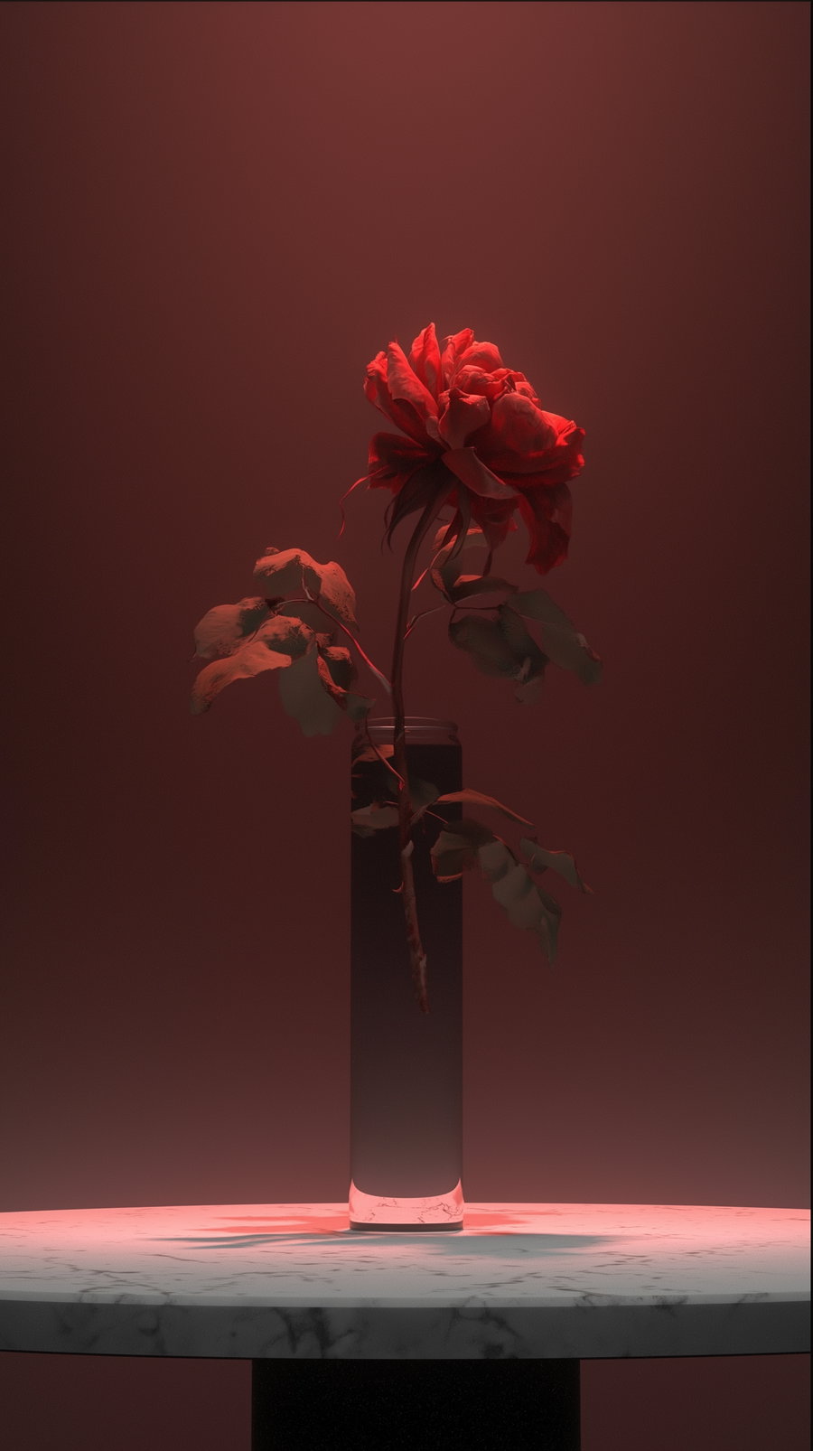 Dried rose in transparent vase on table with plain background