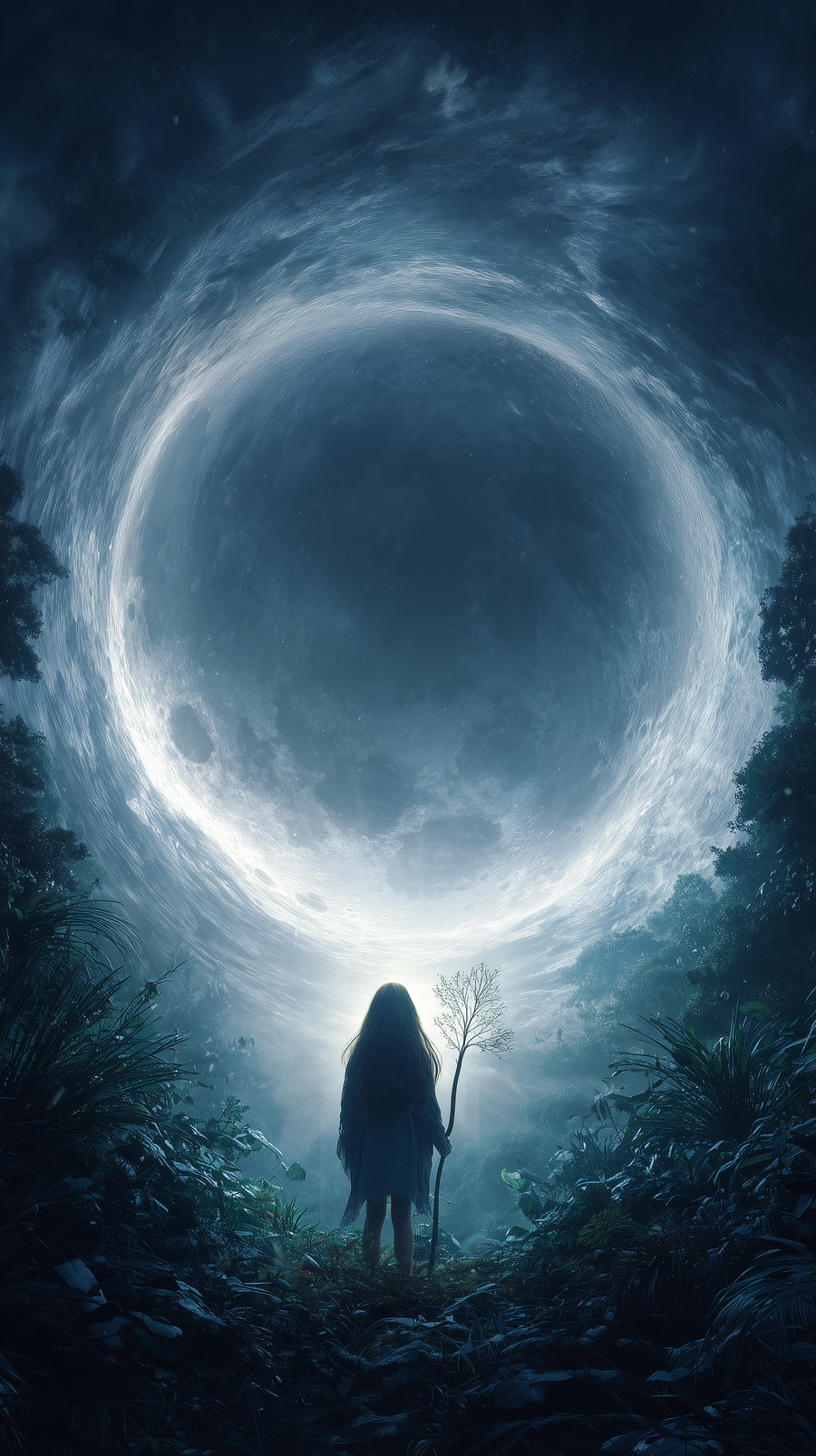 Young druid girl gazes at colossal swirling moon in forest