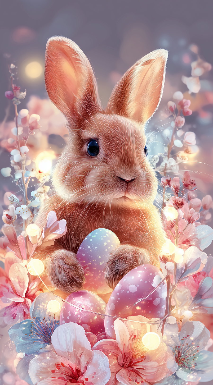 Cute Easter bunny surrounded by colorful eggs and flowers