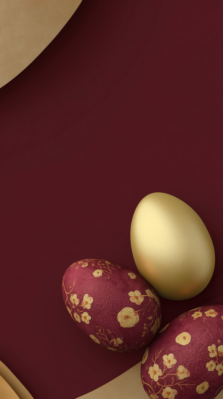 Maroon and gold Easter background with floral accents and eggs
