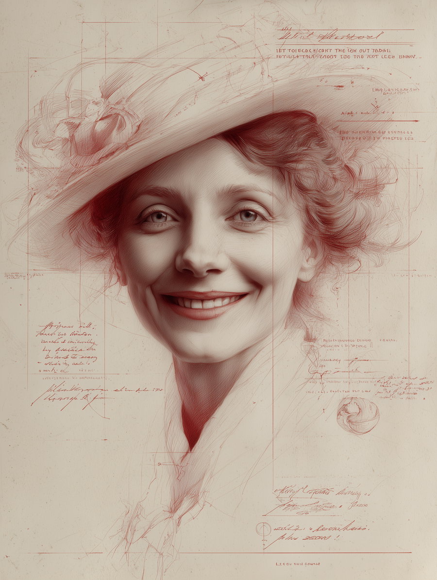 Red pencil sketch of smiling Edwardian woman with Victorian house background