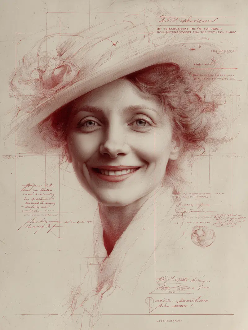 Edwardian Woman Sketch Wall Art with Victorian House Blueprint