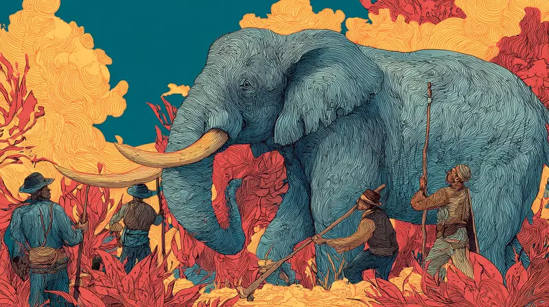 Colorful Blind Men Touching Elephant Cartoon Wall Art Printable