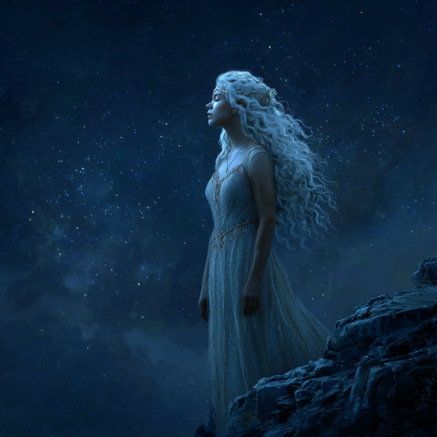 Young elven woman in shimmery gown atop cliff at night