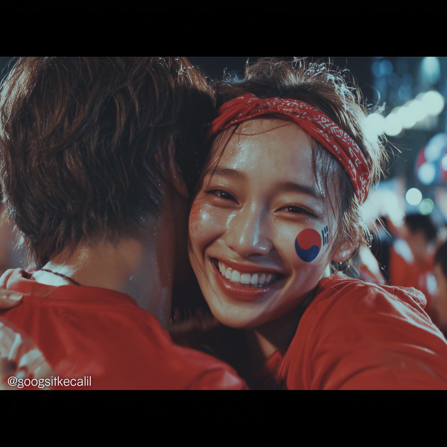 Young Korean woman crying joyfully in crowd at World Cup