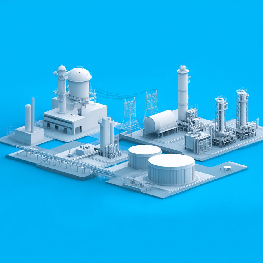3D modern energy facilities on light blue background
