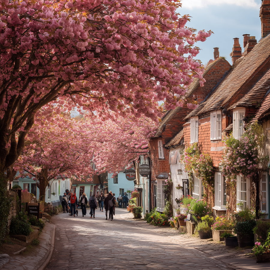 Charming English village in spring with blooming flowers and people
