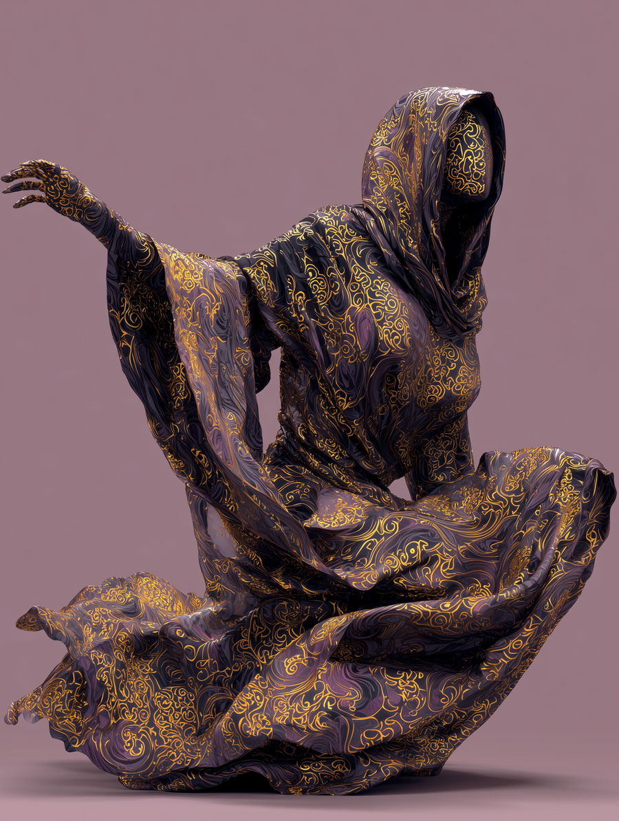 Ethereal golden woman in arabesque with dark fabric