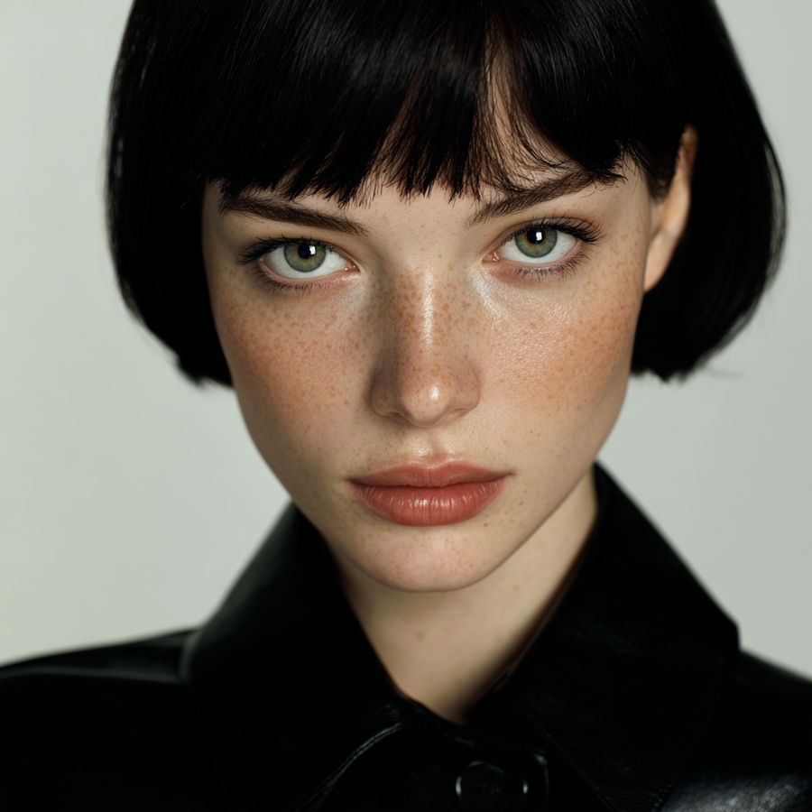 Young woman with bob hairstyle in black leather coat