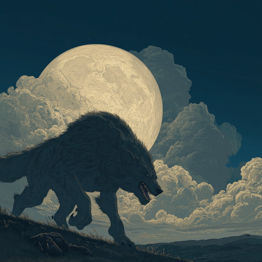 Fenrir howling under a bright full moon in darkness