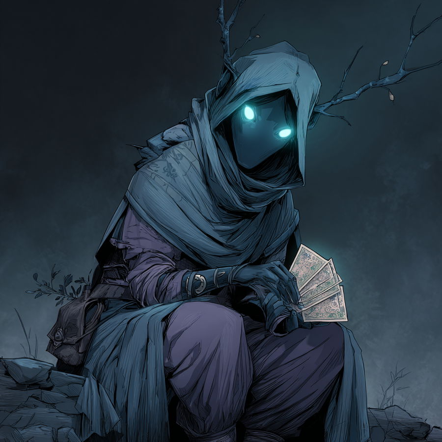 Fey fortune teller with glowing eyes and tarot cards