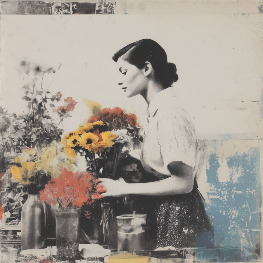 Young woman in a flower shop arranging vibrant blooms