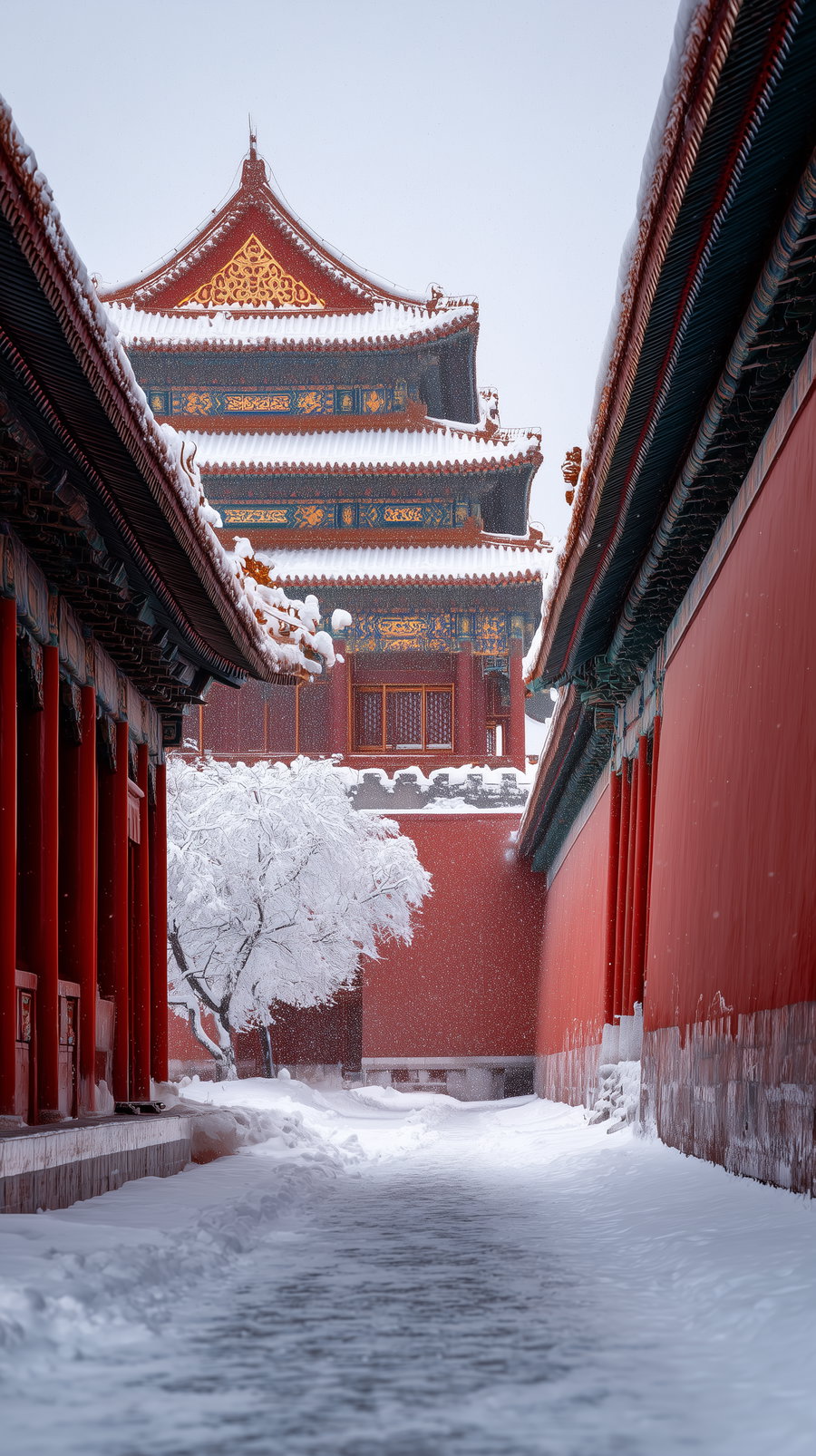 Red walls of the Forbidden City blanketed in snow