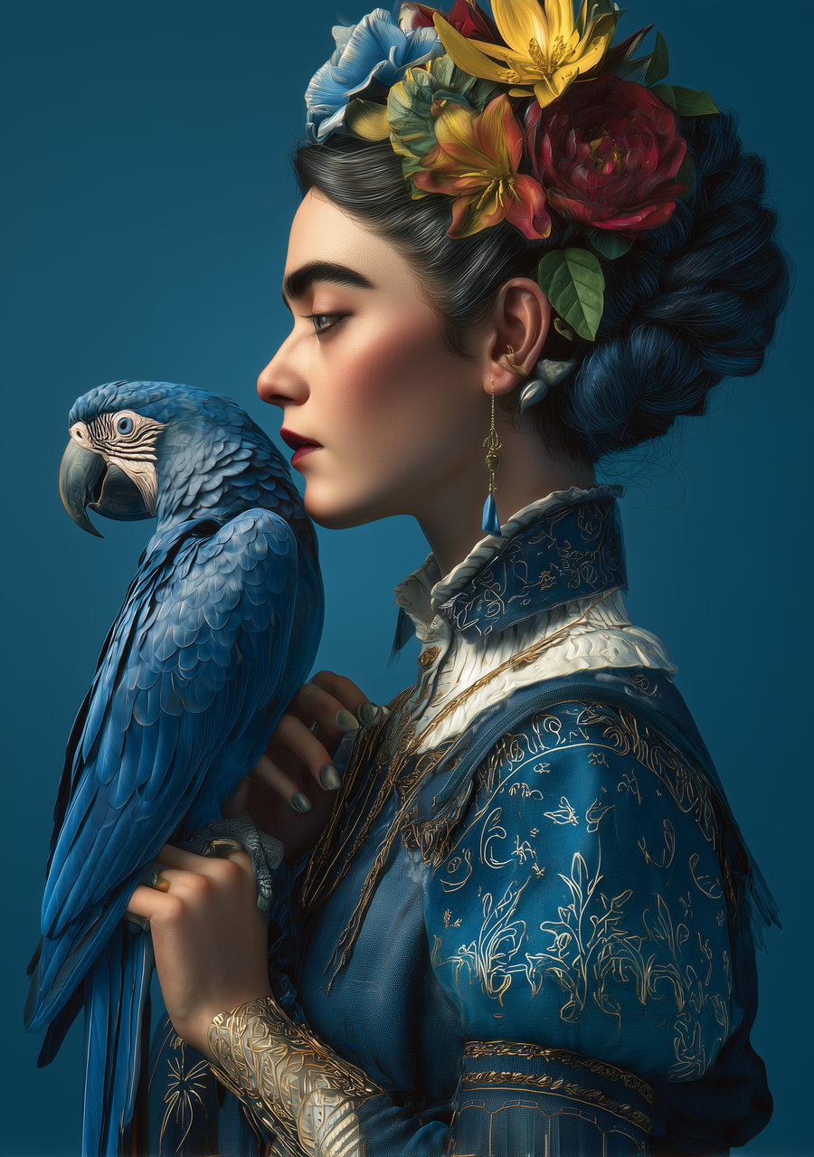 Frida Kahlo portrait with tropical flowers and parrot